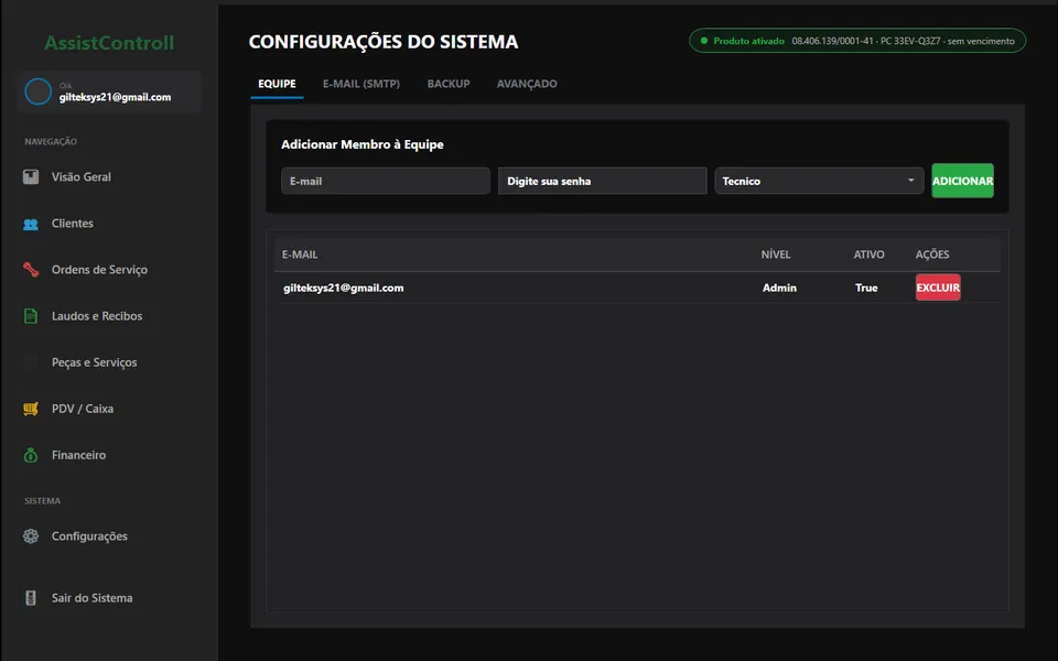 Configuracoes do sistema AssistControll
