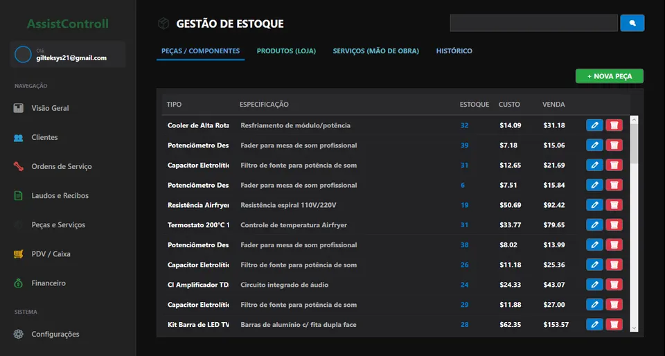 Gestao de estoque de pecas no AssistControll