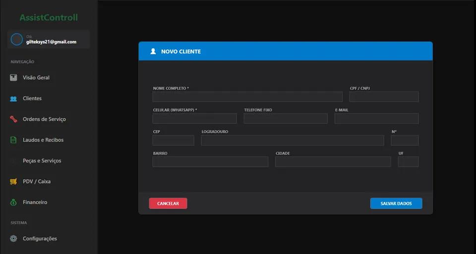 Cadastro de novo cliente no AssistControll