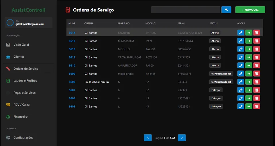 Lista de ordens de servico no AssistControll