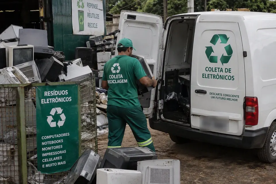Coleta de lixo eletrônico: aparelhos velhos sendo levados para a reciclagem