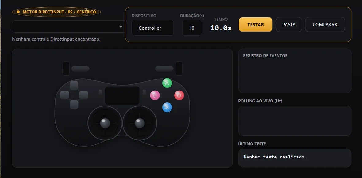 Tela do JoyStick Benchmark no modo PlayStation / DirectInput, com o controle desenhado e a lista de dispositivos