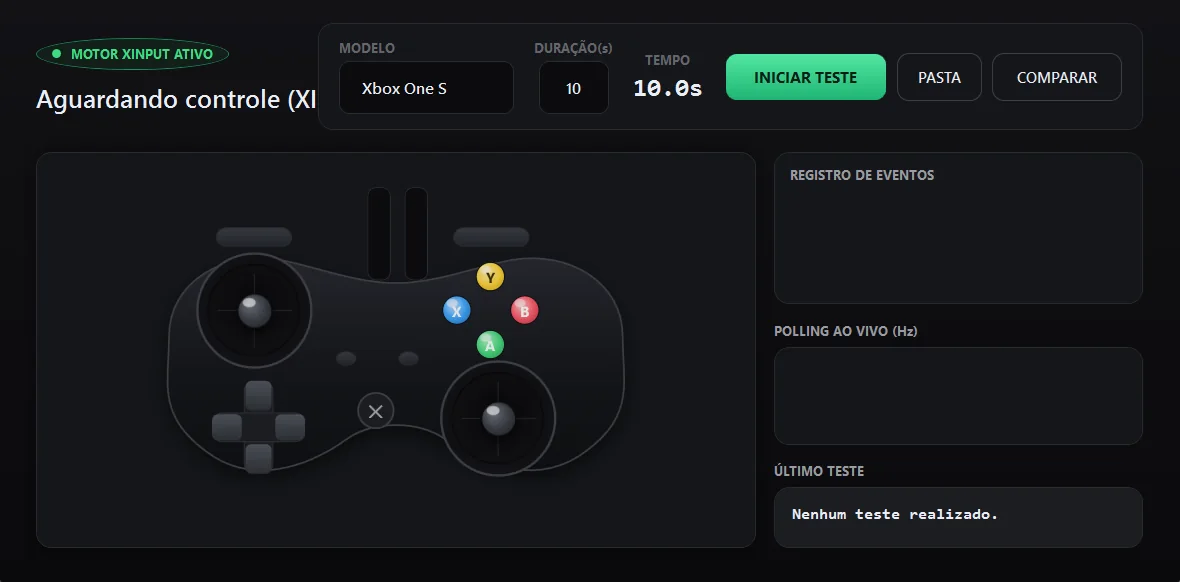 Tela do JoyStick Benchmark no modo Xbox (XInput), com o controle desenhado e os painéis de registro de eventos, polling ao vivo e último teste